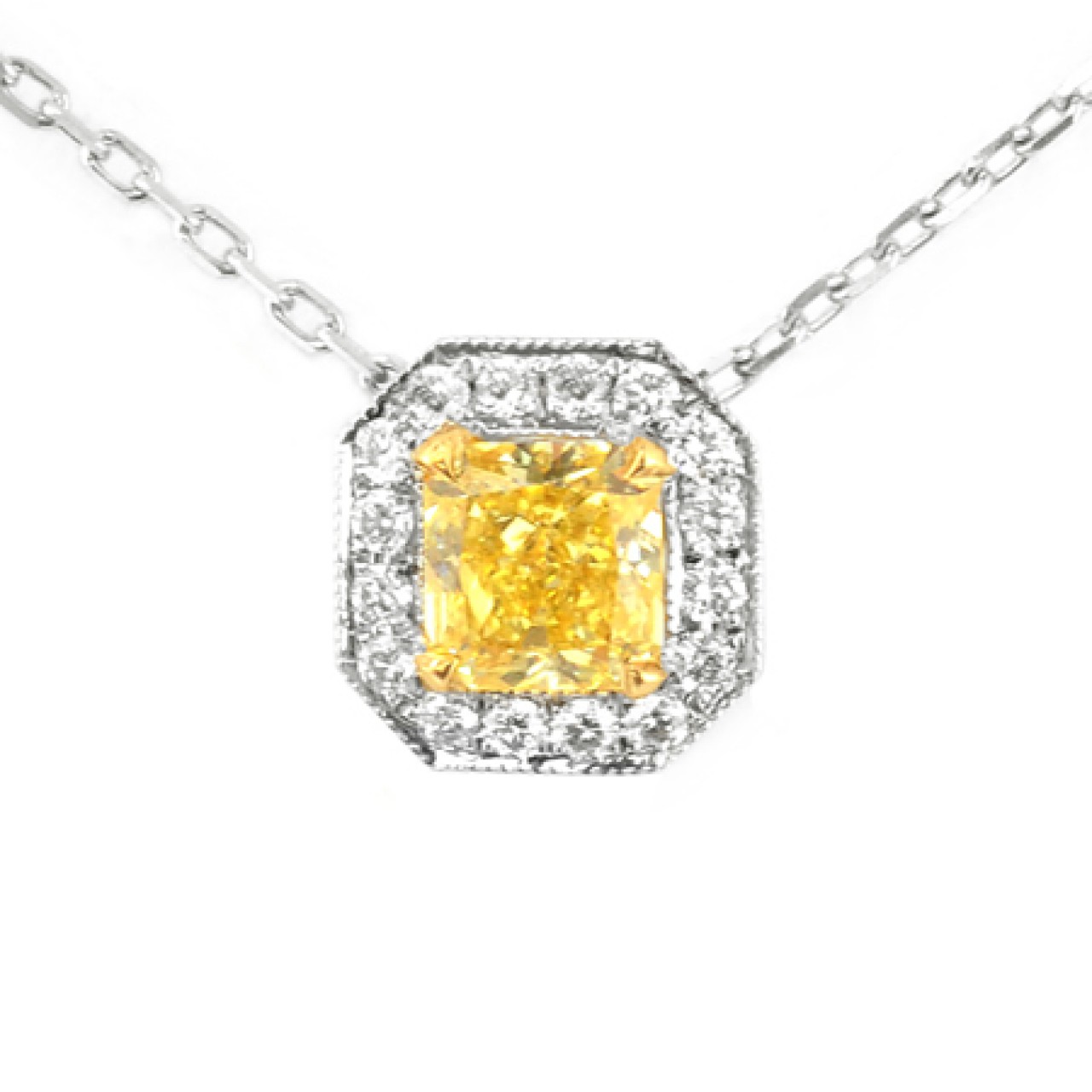 Fancy Intense Yellow Radiant Diamond Halo Pendant, Sku 20901 (0.58ct Tw)