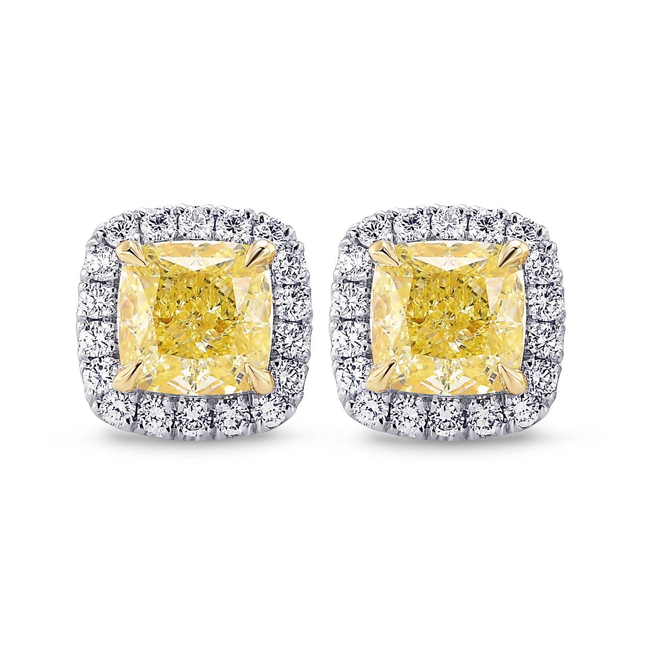 Fancy Light Yellow Cushion Halo Diamond Earrings, SKU 385628 (3.21Ct TW)