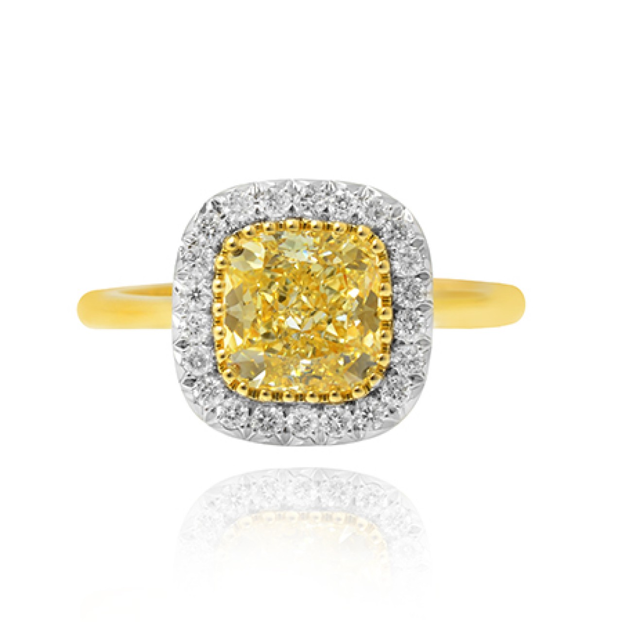 A Fancy Yellow cushion diamond halo ring, SKU 76892 (1.74Ct TW)