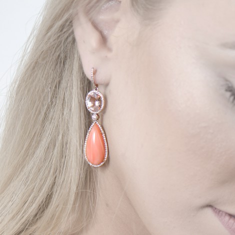 Pink Kunzite, Coral & Diamond Drop Earrings (23.06Ct TW)