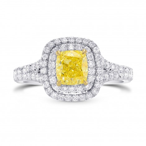 Fancy Intense Yellow Cushion Diamond Double Halo Ring (1.56Ct TW)