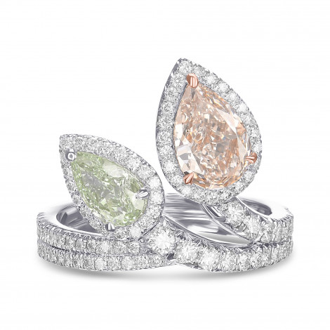 Light Pinkish Brown & Fancy Light Yellow Green Pear Diamond 2 Stone  Halo Ring, SKU 512989 (2.12Ct TW)
