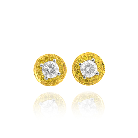 White and Fancy Vivid Yellow Millgrain Pave Halo Diamond Earrings set in Gold, SKU 46998 (0.37Ct TW)