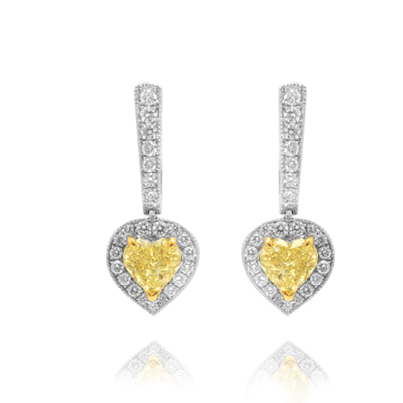 Fancy Yellow & White Heart Shape Halo Drop Diamond Earrings with 18K gold, SKU 57407 (2.63Ct TW)