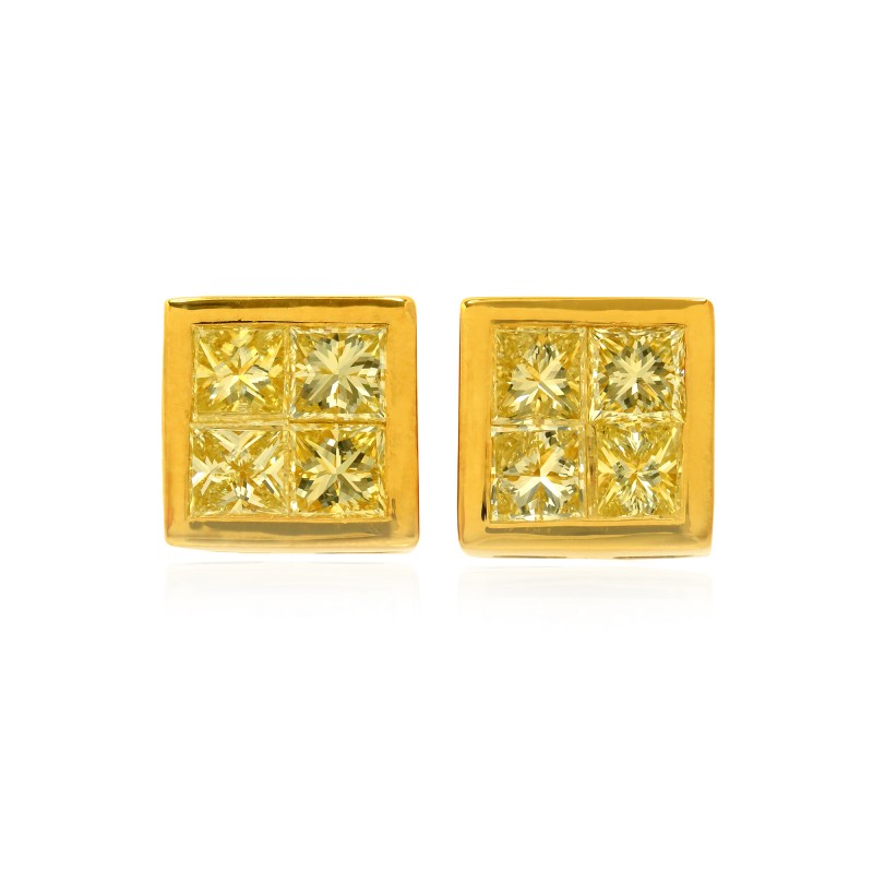 Natural Light Yellow Princess Cut Bezel Stud Earrings set in 18K Yellow Gold, SKU 1012-1 (1.20Ct TW)