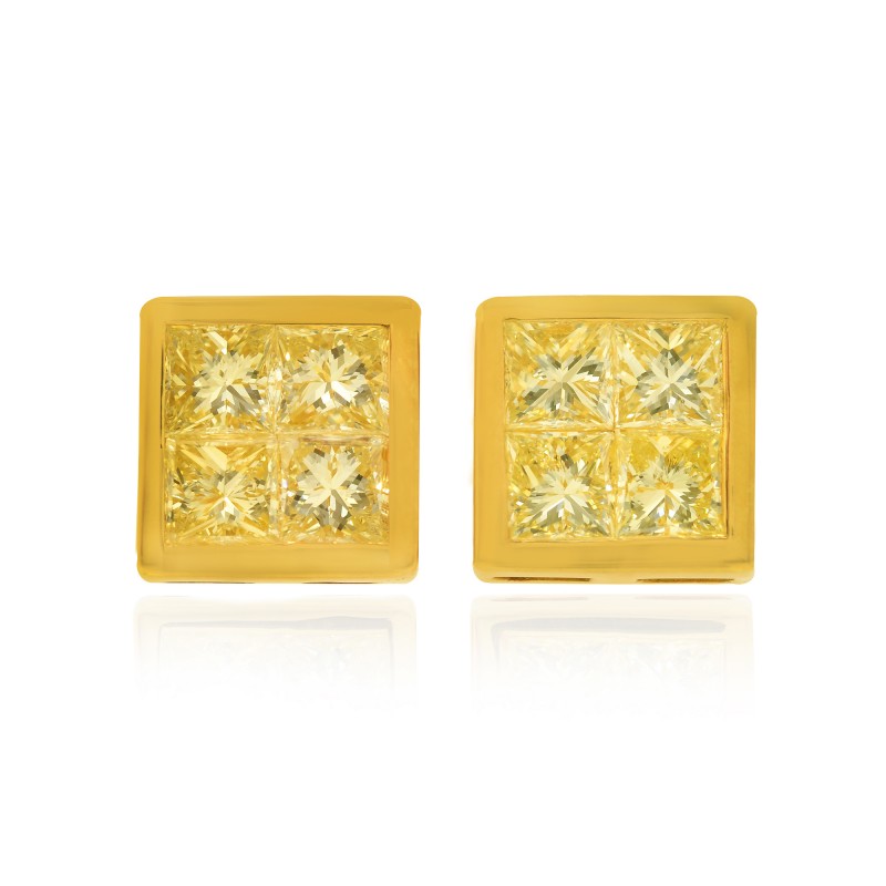 Natural Light Yellow Princess cut Diamond Bezel Studs set in 18K Yellow Gold., SKU 1012-3 (1.80Ct TW)