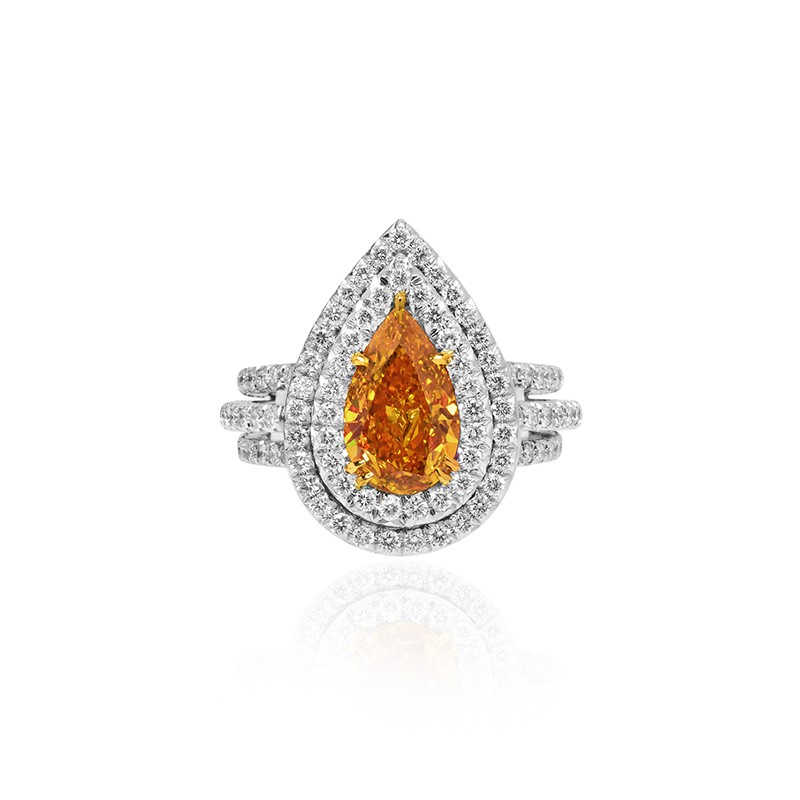 Fancy Vivid Yellow Orange Pear Diamond Double Halo Ring, SKU 105467 (2.05Ct)
