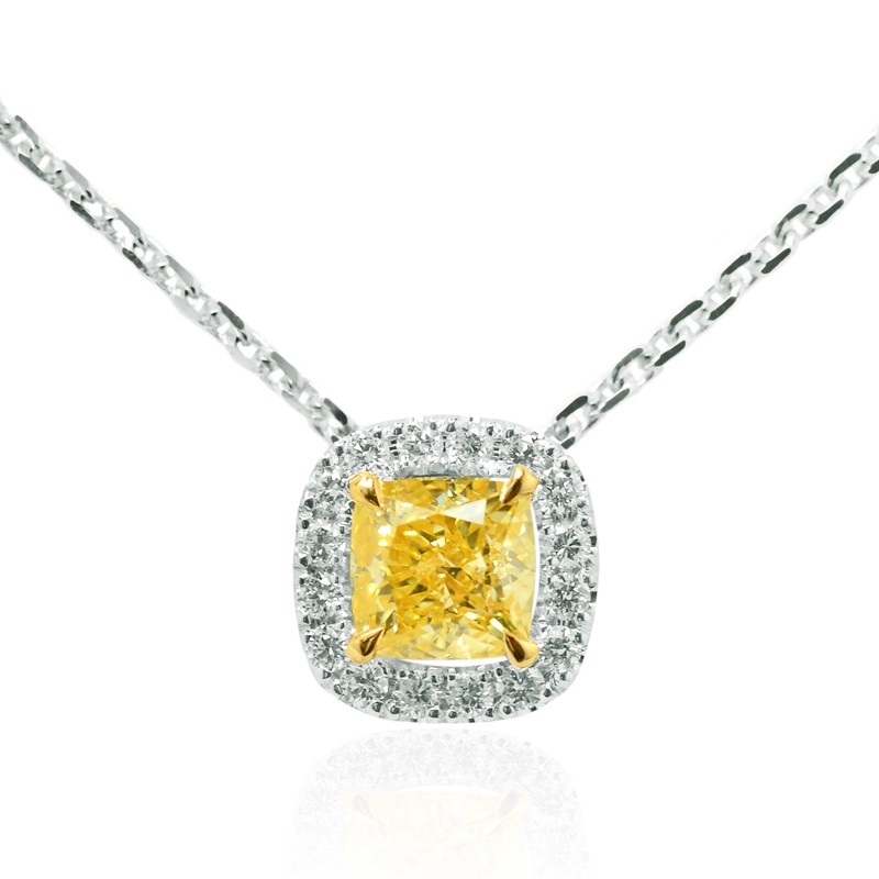 Fancy Intense Yellow Cushion Diamond Halo Pendant, SKU 108595 (0.52Ct TW)