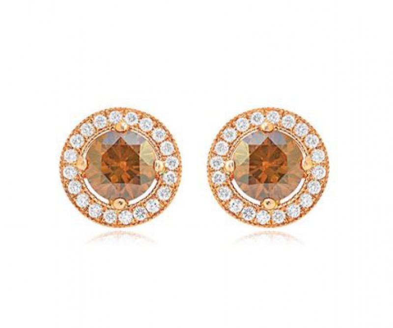 Round Fancy Orange Brown Halo Diamond Earrings, SKU 117631 (1.26Ct TW)