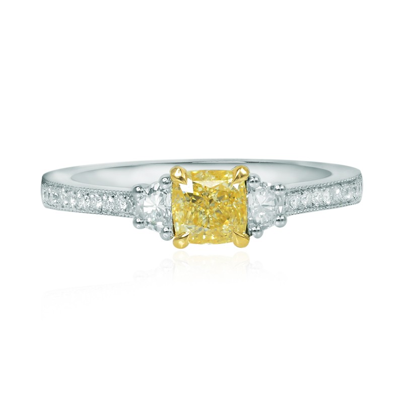 Fancy Yellow Cushion & Trapezoid Diamond Ring, SKU 119401 (0.88Ct TW)