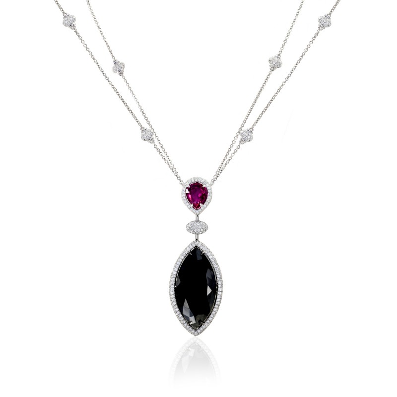 22Ct TW Marquise Black Diamond and Ruby Drop Necklace, SKU 134114 (23.14Ct TW)