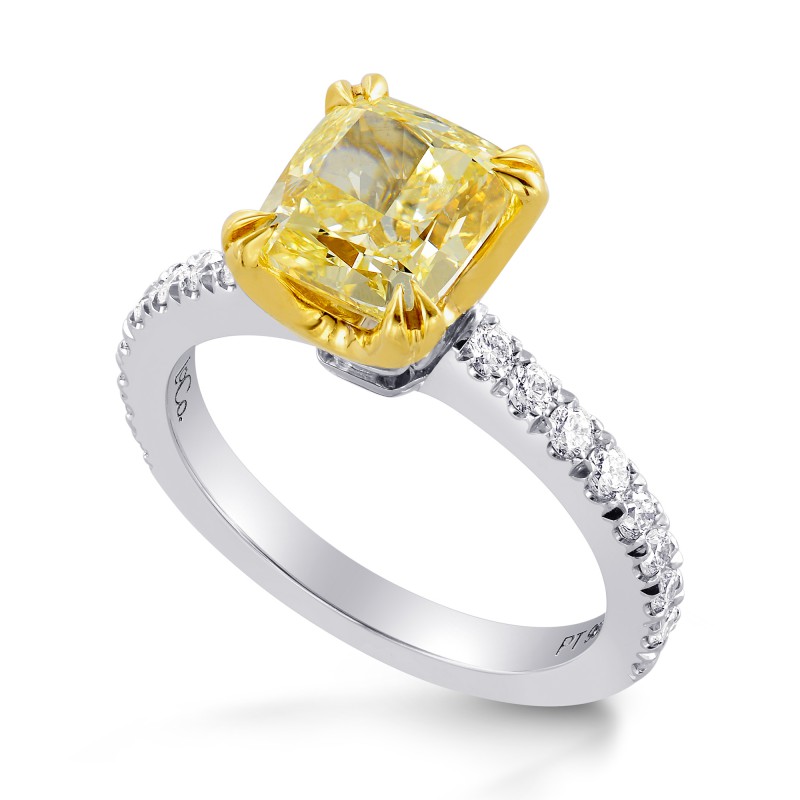 Internally Flawless Fancy Yellow Cushion Diamond Side stone Ring, SKU ...