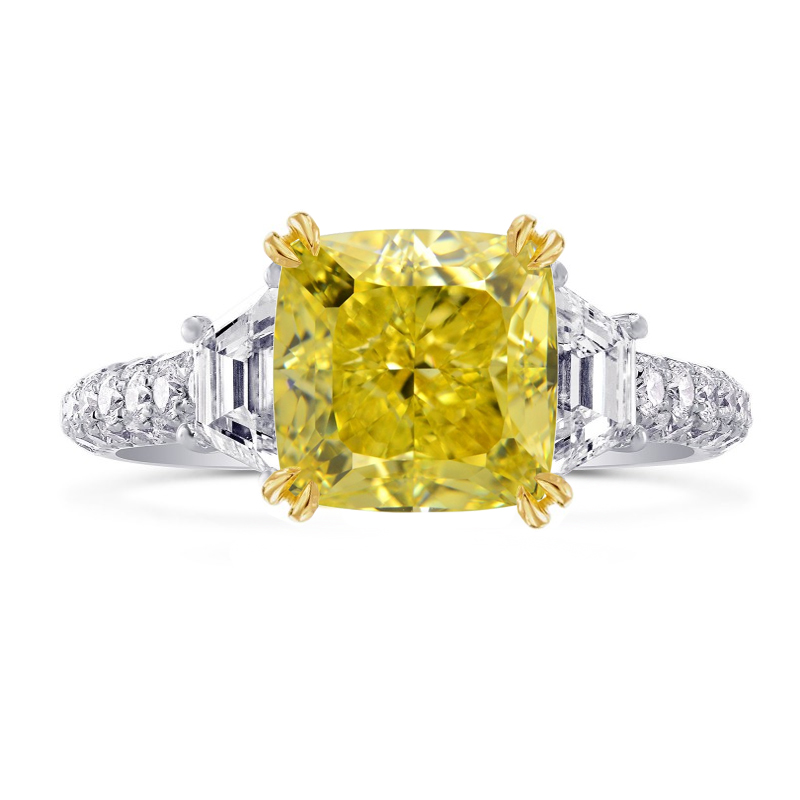 Fancy Vivid Yellow Cushion & Step-cut Diamond Ring, SKU 272738 (2.89Ct TW)
