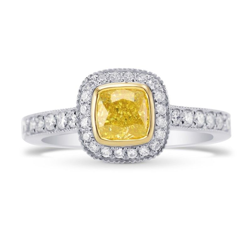 Fancy Intense Yellow Cushion Diamond Halo Ring with Milgrain, SKU 281284 (1.14Ct TW)
