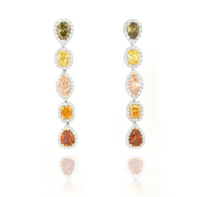Collage Fancy Colored Diamond Drop Halo Earrings in 18K Rose White and Yellow Gold, SKU 28635 (8.17Ct TW)