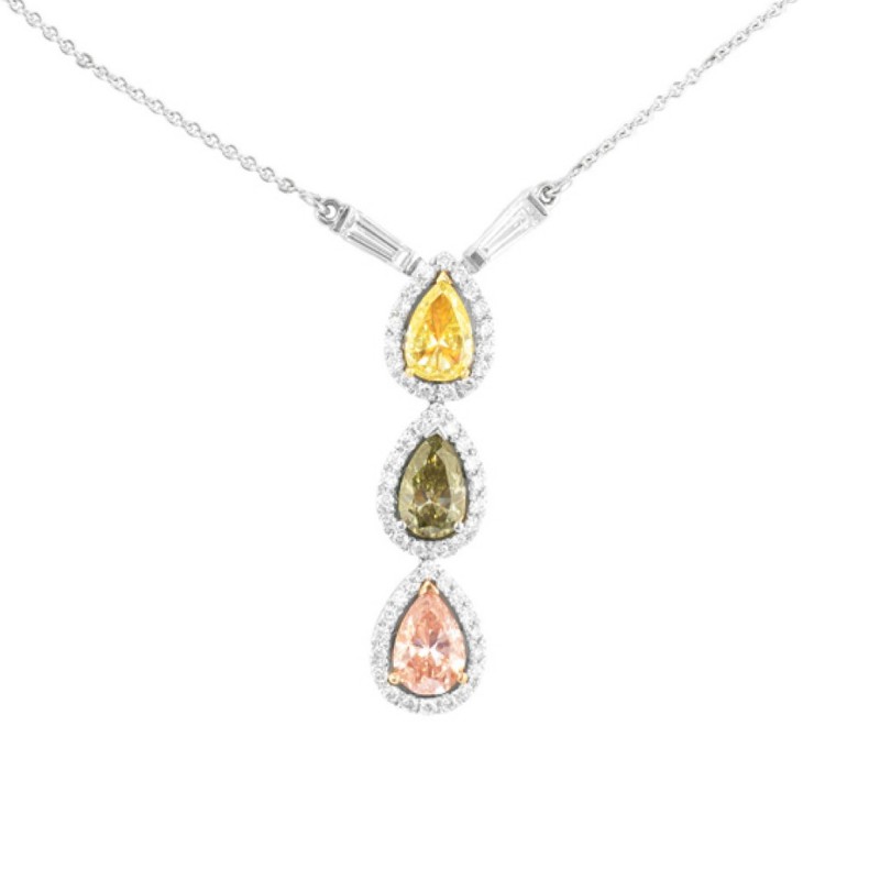 18KGold & Fancy Colored 3 stone Pear Diamond Drop Necklace, Pink, Yellow & Green, SKU 28637 (1.67Ct TW)