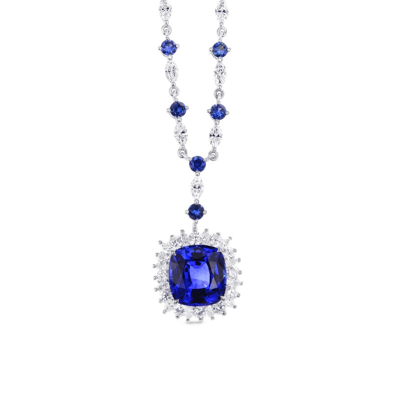 Vivid Blue Cushion Sapphire & Diamond Necklace, SKU 288436 (6.29Ct TW)