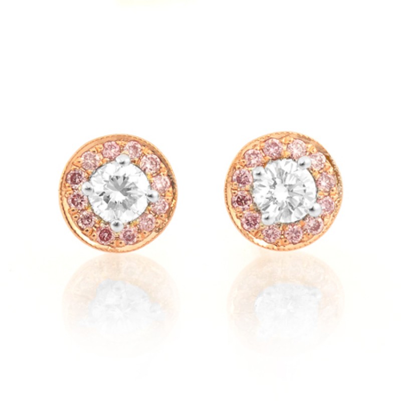 White and Pink Diamond Round Pave Set Earrings weighing 0.33ct & set in 18K Gold, SKU 29556 (0.38Ct TW)