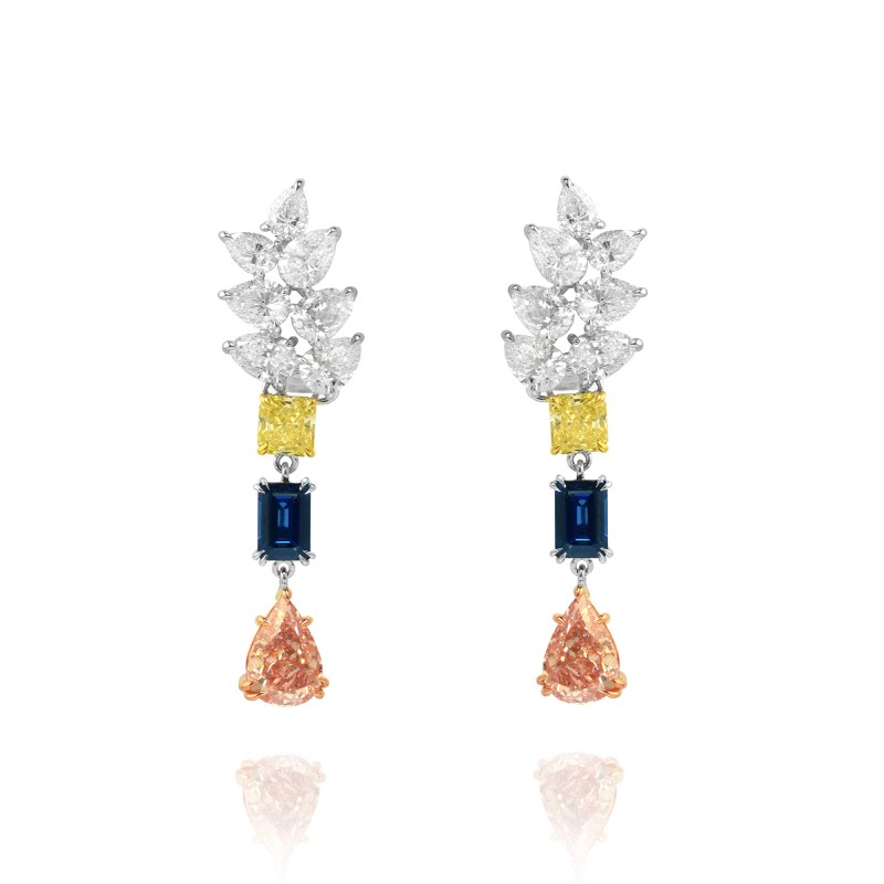 Brownish Pink Pear Diamond Sapphire and Fancy Yellow Diamond Drop Earrings, SKU 34831 (7.37Ct TW)