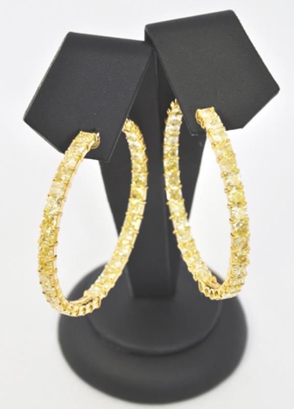 Fancy Yellow Radiant Cut Diamond Hoop Earrings, 23.63cts. Set in 18K Yellow Gold, SKU 34844 (23.64Ct TW)
