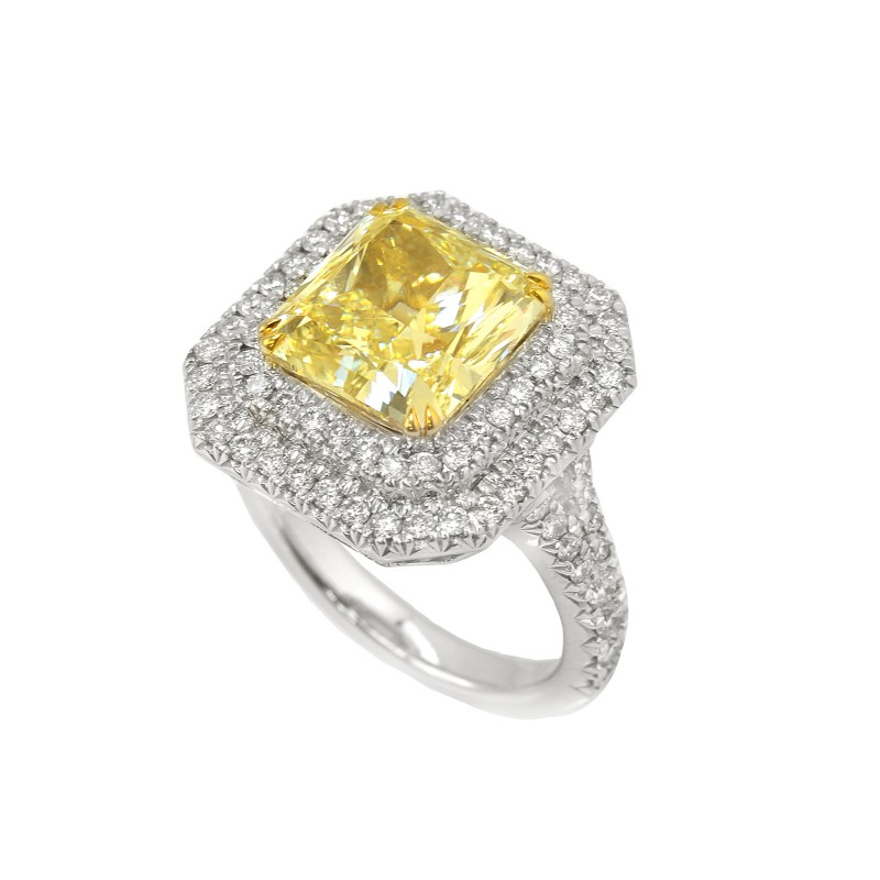 Fancy Light Yellow Radiant Diamond Double Halo Ring set in 18K white ...