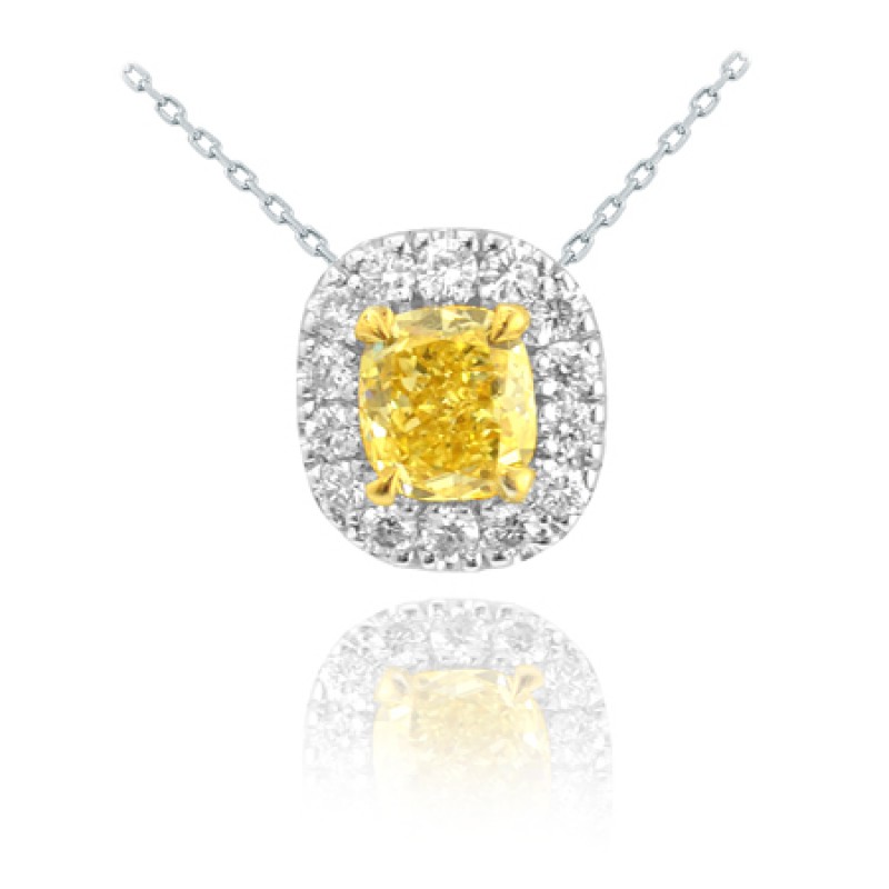 Fancy Intense Yellow Cushion Diamond Pave Halo Pendant, SKU 38048 (0.48Ct TW)