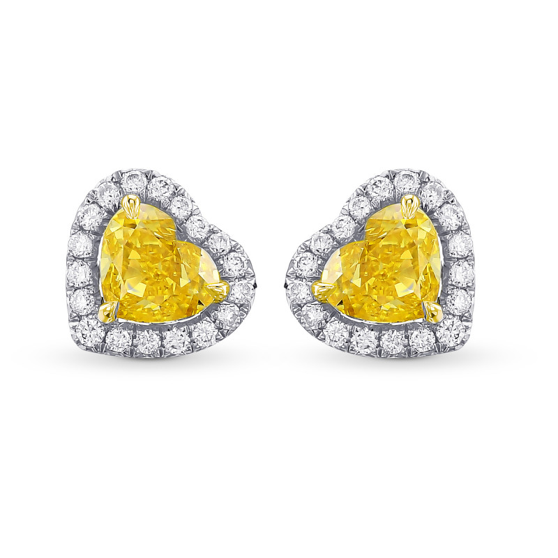 Fancy Vivid Yellow Heart Diamond Halo Earrings, SKU 385549 (0.86Ct TW)