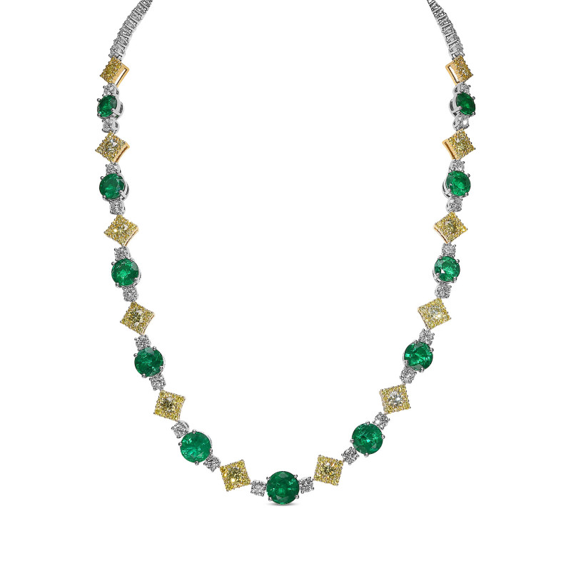 Extraordinary Zambian Emerald and Fancy Intense Yellow Diamond Necklace, SKU 395748 (32.47Ct TW)