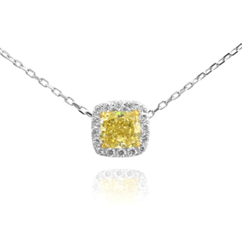 Fancy Light Yellow Cushion & White Pave Diamond Pendant, SKU 43175 (0.90Ct TW)