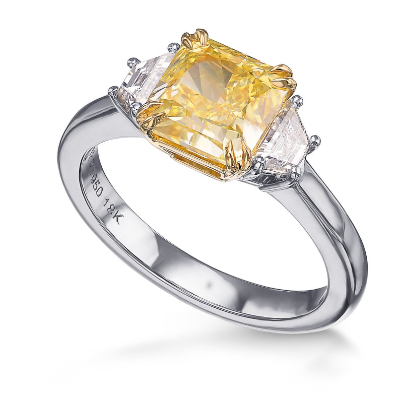 Fancy Intense Yellow Radiant and Trapezoid 3-stone Diamond Ring, SKU ...