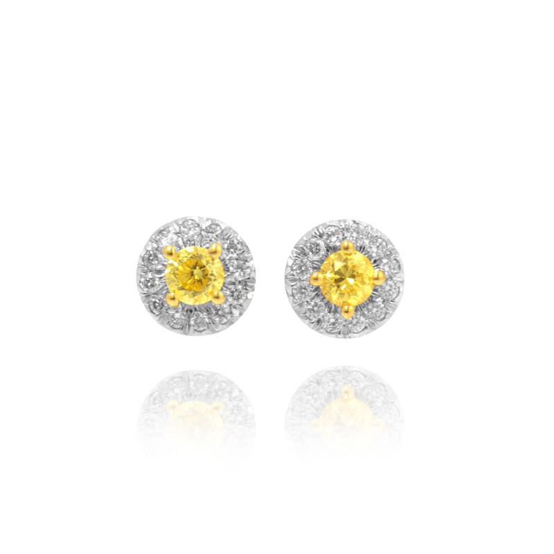 Fancy Intense Yellow Round Diamond Halo Earrings set in White 18K Gold, SKU 44934 (0.27Ct TW)