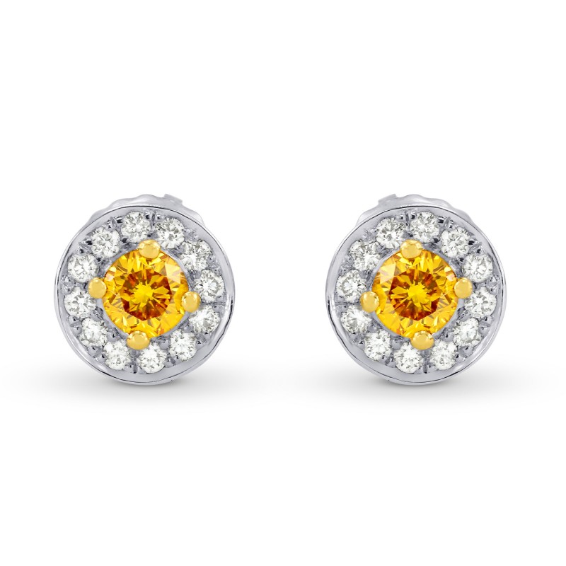 Fancy Deep Orangy Yellow & White Pave Halo Diamond Earrings, SKU 44959 (0.35Ct TW)