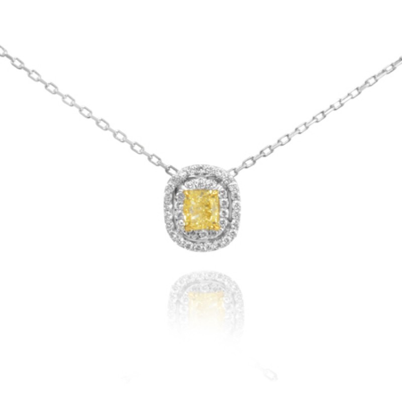 Fancy Intense Yellow Cushion Diamond Double Halo Pendant, SKU 45806 (0.61Ct TW)