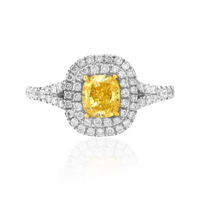 Fancy Intense Yellow Cushion Diamond Double Halo Ring, SKU 46530 (1.54Ct TW)
