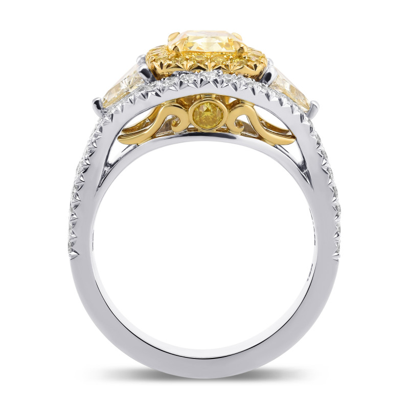 Fancy Intense Yellow Cushion Halo 3-stone Diamond Ring, SKU 509185 (2.97Ct TW)
