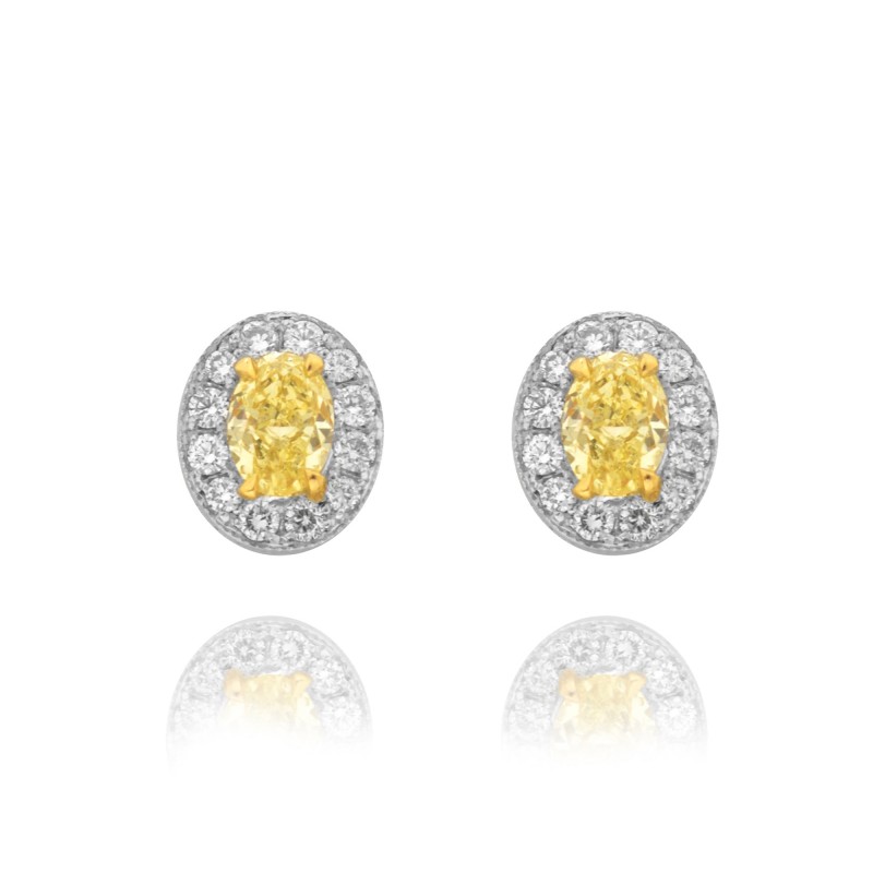Fancy Yellow Oval Diamond Halo Millgrain Earrings, SKU 55466 (1.01Ct TW)