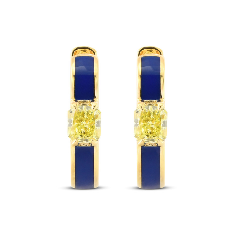 Radiant Fancy Yellow Diamond and Blue Enamel Hoop Earrings, ARTIKELNUMMER 624708 (0,63 Karat TW)