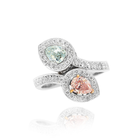 Fancy Pink and Fancy Light Bluish Green Pear Shape Diamond Halo Ring, SKU 63550 (1.60Ct TW)