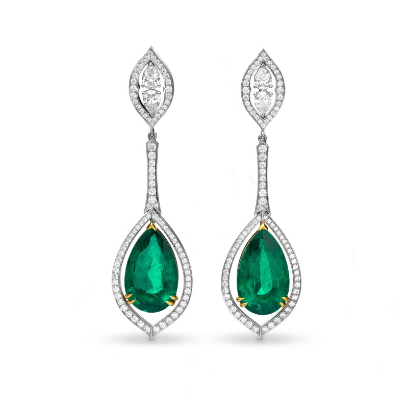Extraordinary Green Emerald Pear & Diamond Drop Earrings, SKU 63811 (30.44Ct TW)