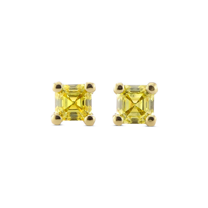 Fancy Intense Yellow Asscher Diamond Screw Back Four Prong Martini Stud Earring, SKU 638463 (0.42Ct TW)