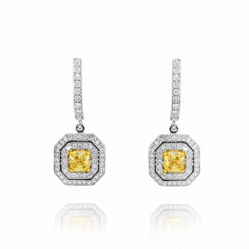 2.20ct Fancy Yellow Radiant & White Double Halo Drop Diamond Earrings in 18KGold, SKU 67082 (2.20Ct TW)