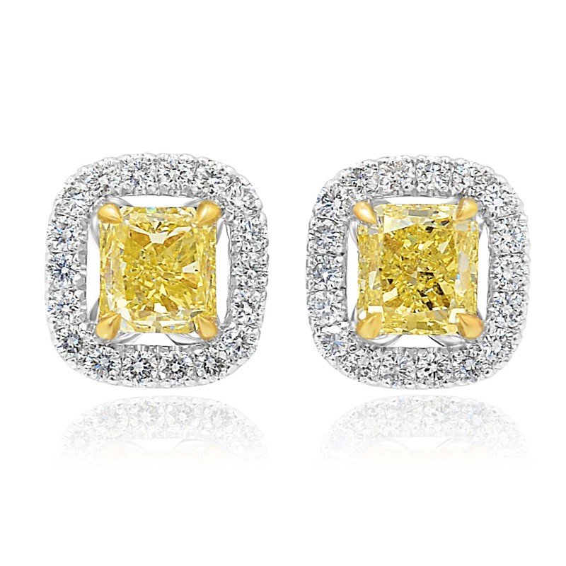 1.08ct GIA Fancy Yellow Radiant Diamond Halo Earrings set in 18K Gold., SKU 68596 (1.34Ct TW)