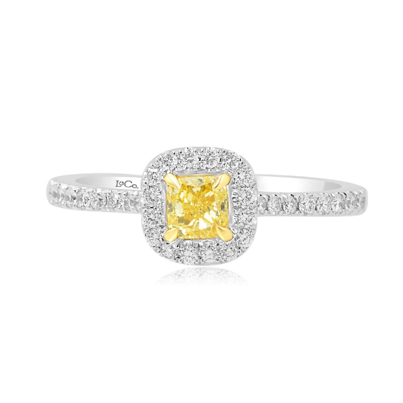 Fancy Intense Yellow Cushion Diamond Halo Ring, SKU 69455 (0.73Ct TW)