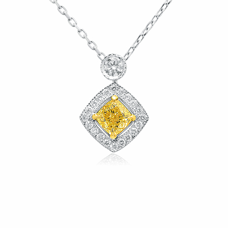 Fancy Yellow Cushion Diamond Accented Drop Halo Pendant, SKU 73642 (0.96Ct TW)