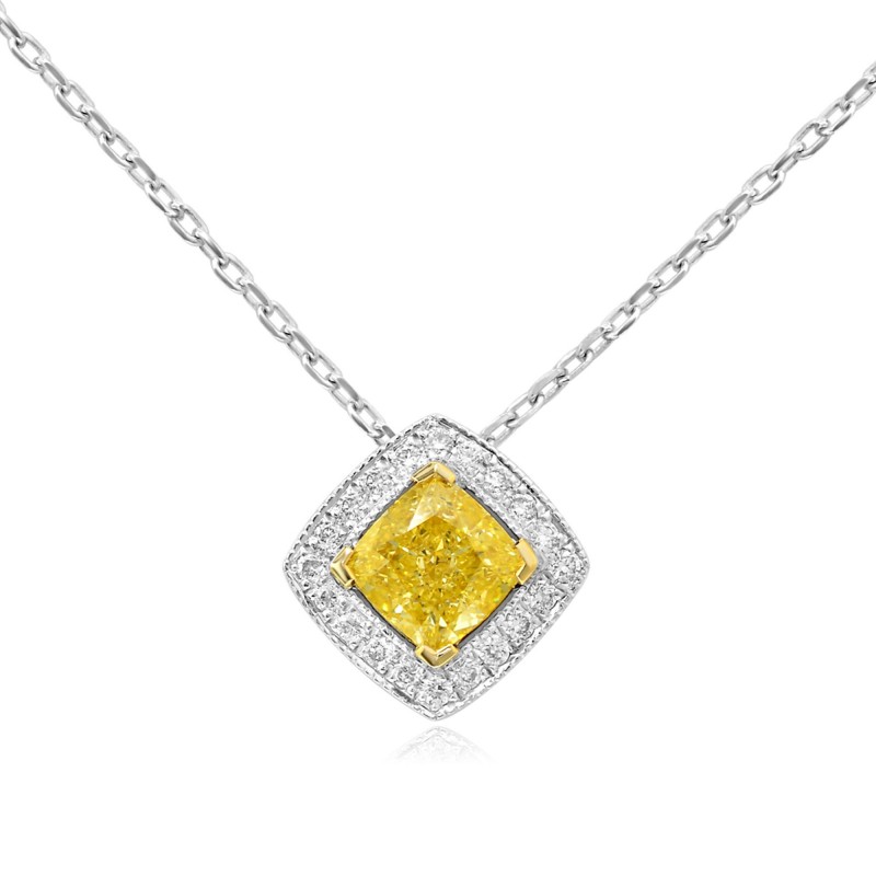 Fancy Yellow Cushion Diamond Halo Pendant, SKU 73689 (0.73Ct TW)