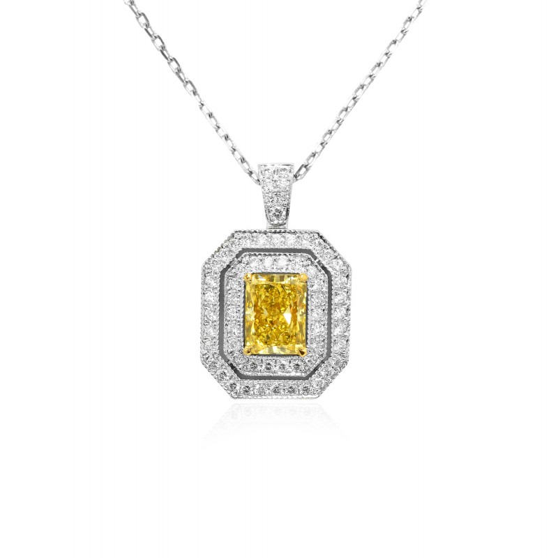 0.88cts Fancy Intense Yellow Double Halo Pendant set in 18K White and Yellow Gold, SKU 76913 (1.17Ct TW)