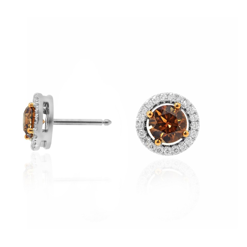 Round Fancy Dark Orangey Brown Halo Diamond Earrings, SKU 81257 (1.48Ct TW)