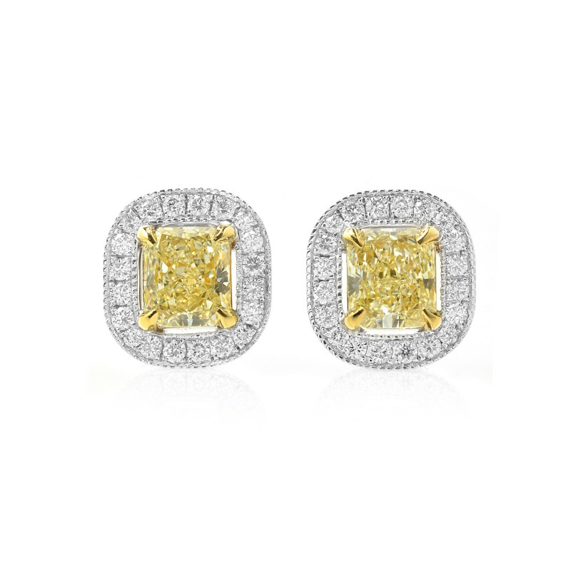 Fancy Light Yellow Radiant diamond halo earrings, ARTIKELNUMMER 84072 (1,43 Karat TW)