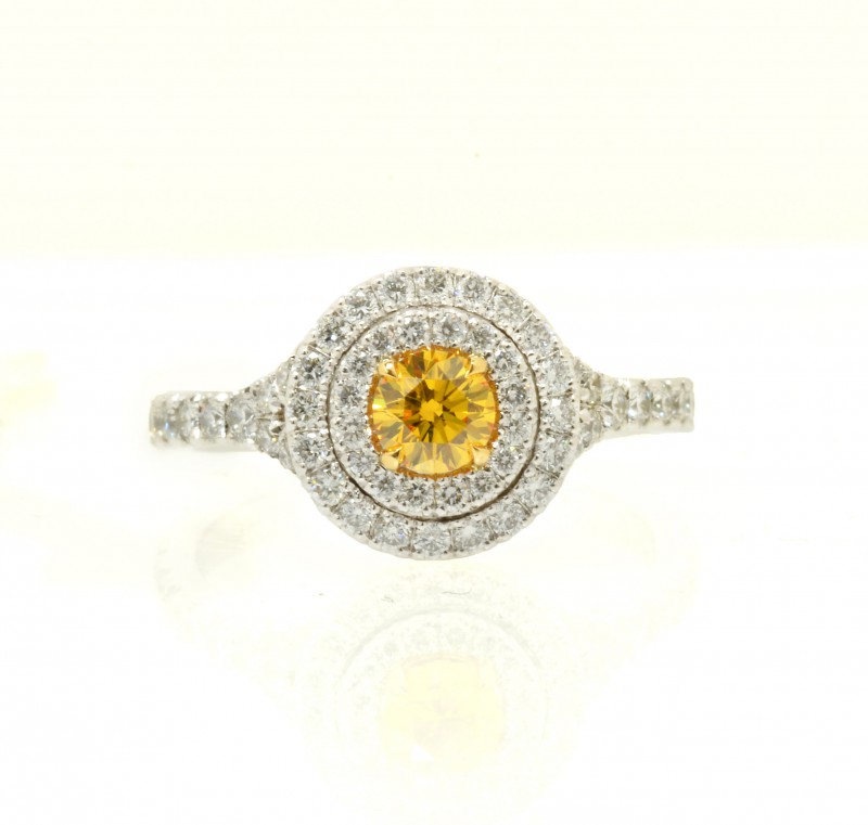 Fancy Vivid Orangy Yellow Diamond halo ring, SKU 86809 (0.98Ct TW)