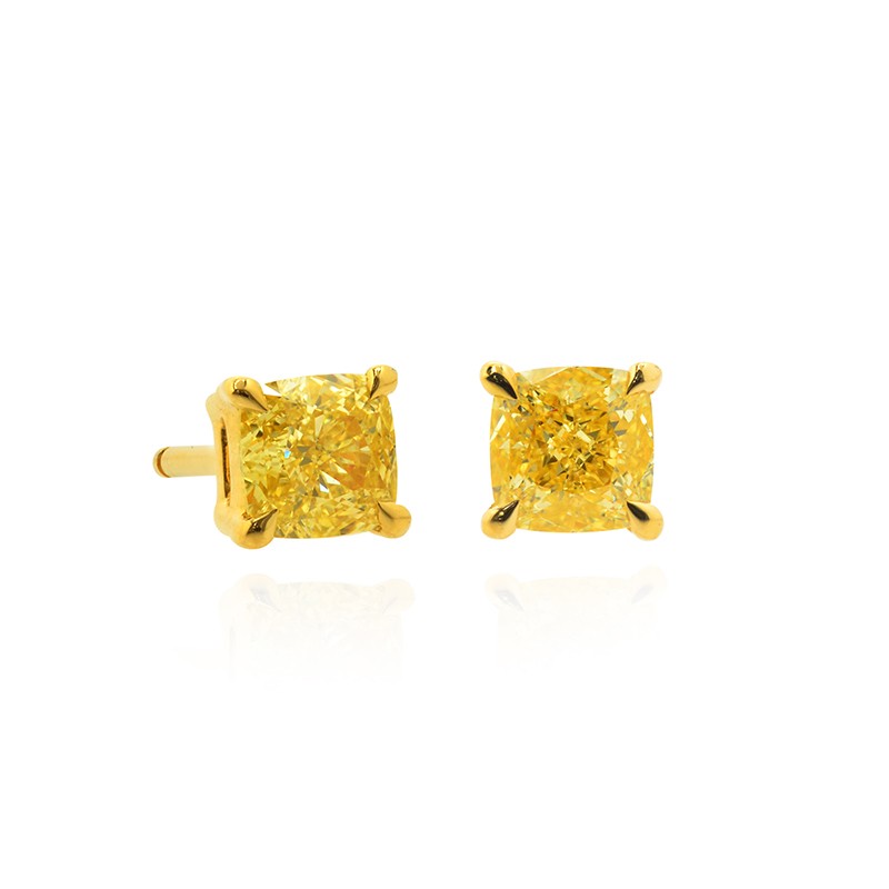 Fancy Intense Yellow Cushion Diamond Stud Earrings, SKU 92904 (0.85Ct TW)